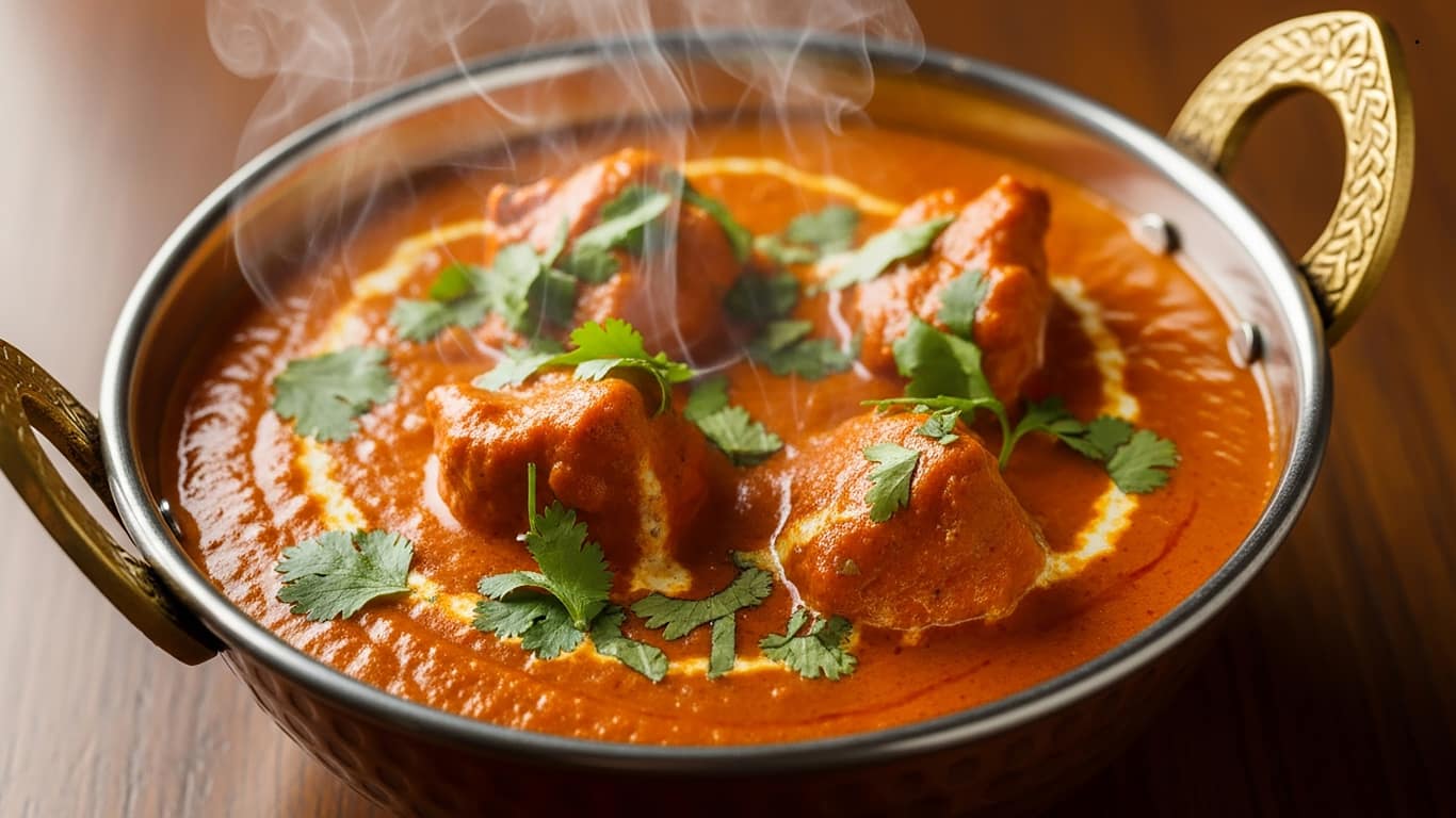 Butter chicken served with naan and onion salad