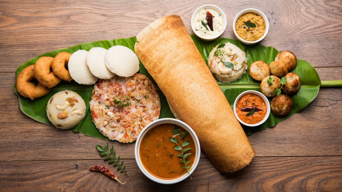 Traditional South Indian breakfast on banana leaf