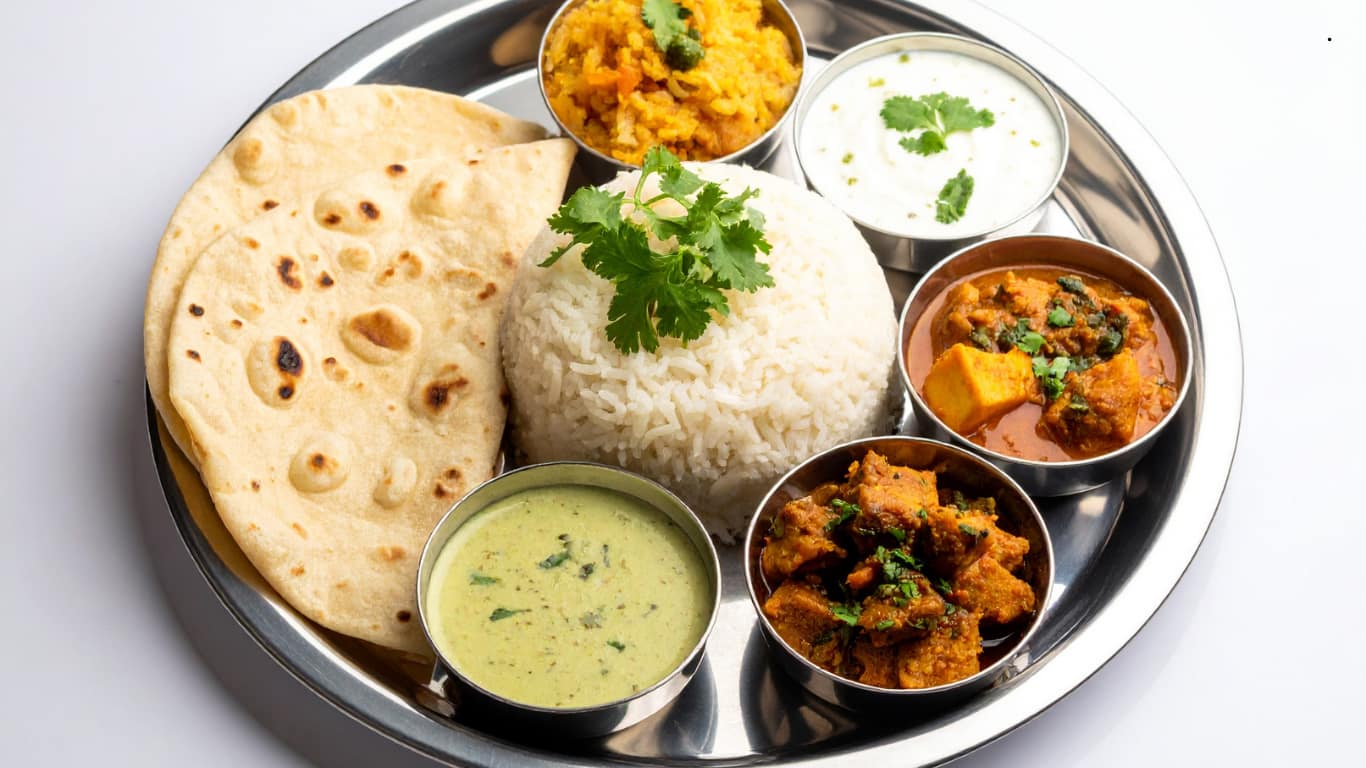Simple satvik thali with dal, roti, sabzi, and salad